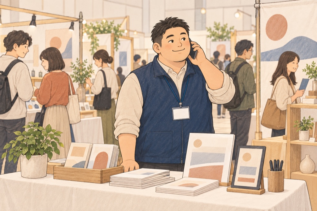 イベント会場の運営担当者が携帯で応対